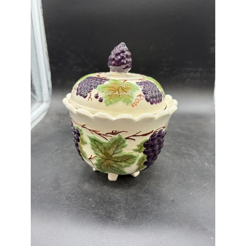 Vntg Ceramic Grape Sugar Bowl with Lid Footed Jam Jar Purple Green Hand Painted